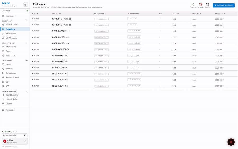 Network Topology view showing endpoints grouped into subnets around the Privify Forge management server