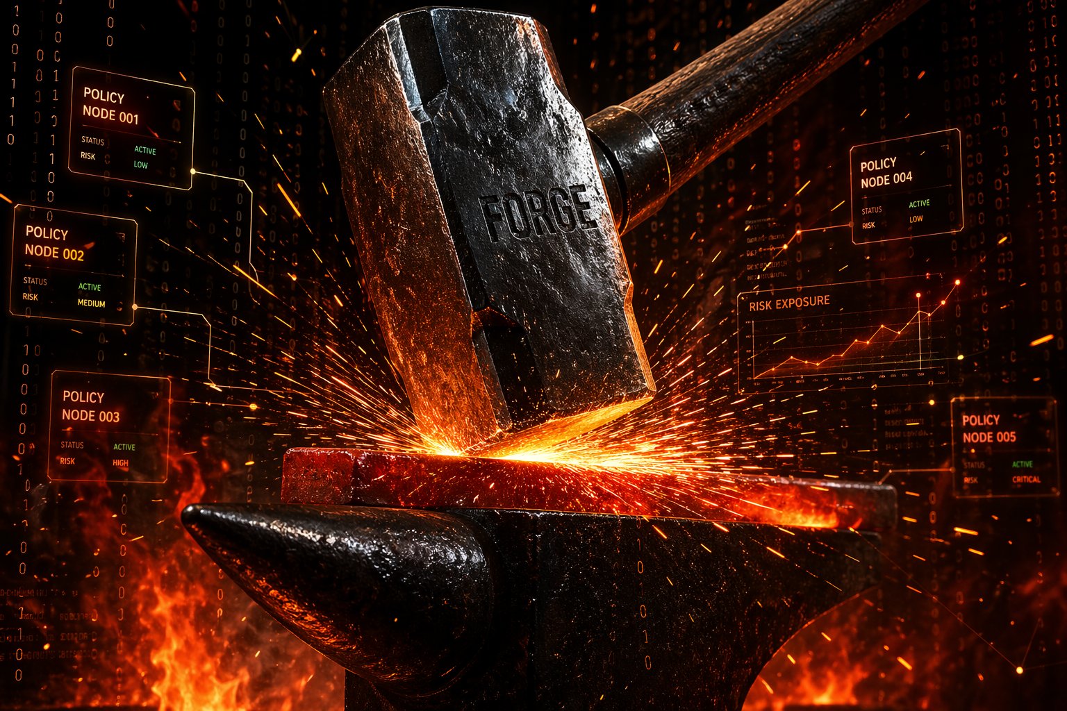 FORGE — AI governance hammer striking hot metal on an anvil, surrounded by policy nodes and data streams