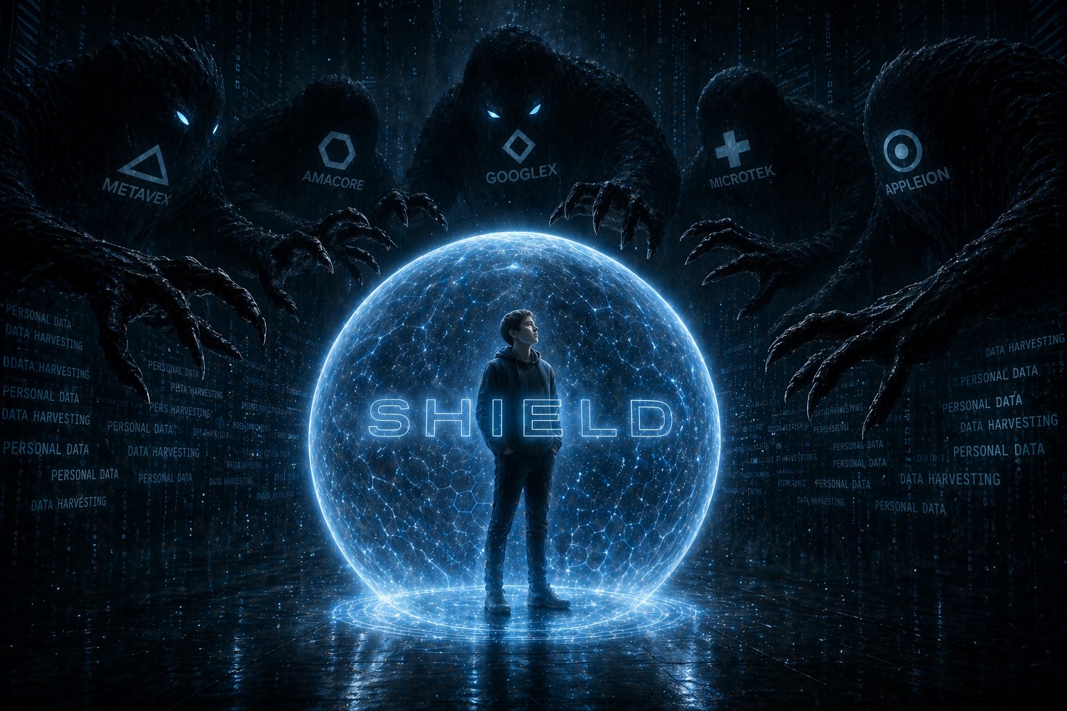 SHIELD — a person standing protected inside a glowing sphere while faceless corporate entities with grasping claws are held back